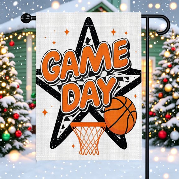 Bold Game Day Basketball Pattern Polyester Garden Flag, 12X18Inch, Cheerful Hoop Patio Backyard Decor, No Poles Included