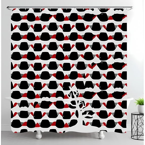 Bold Geometric Black White & Red Shower Curtain with Barren Tree Design Modern Bathroom Decor