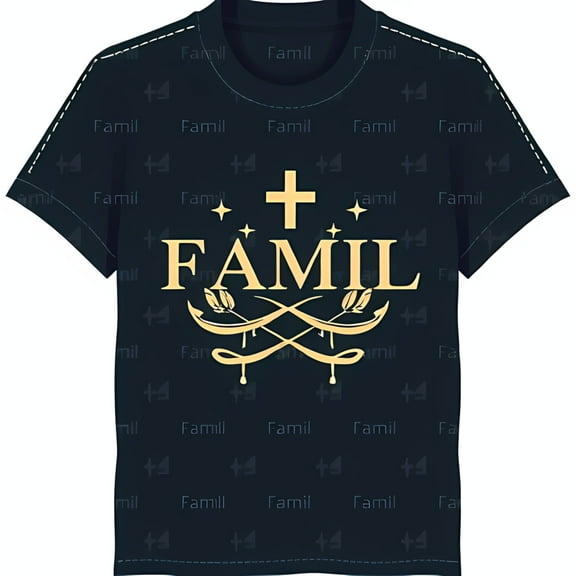 Bold Gold 'FAMIL' Graphic Black T-Shirt with Crossed Vines & Leaves Design