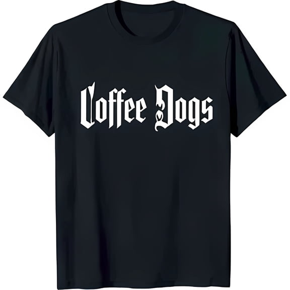 Bold Gothic 'Coffee Dogs' Graphic Black T-Shirt Classic Neck Style
