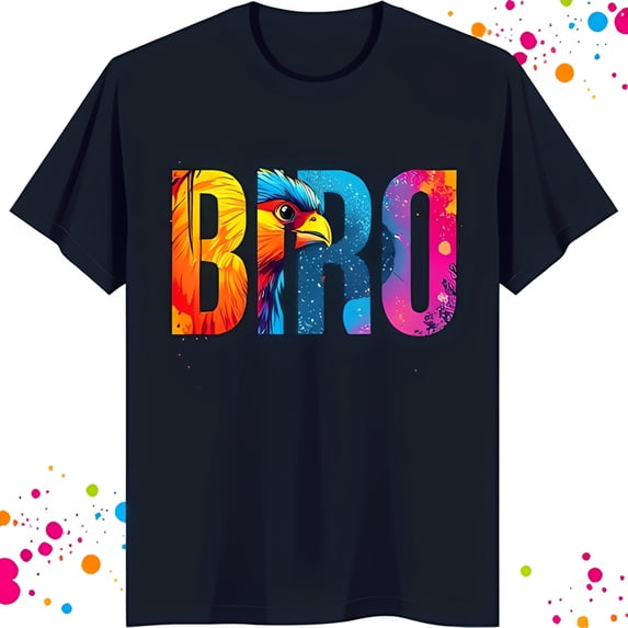 Bold Graphic 'BRO' T-Shirt with Colorful Bird Head Design on Dark Blue Background