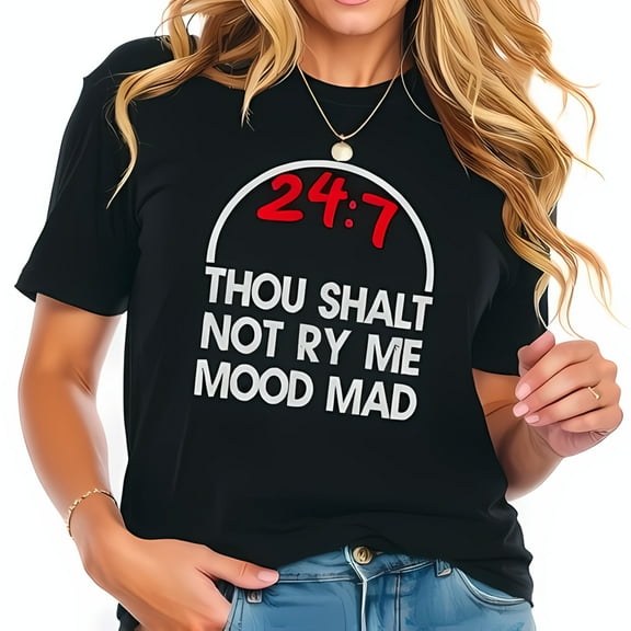 Bold Graphic Black Cotton Short Sleeve T-Shirt with 24 7 Clock & " Thou Shalt Not Try Me " Phrase