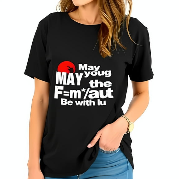 Bold Graphic Black Cotton T-Shirt with Red Sun Design & Playful Phrase - " May youg MAY the F=m aut Be with " - Short Sleeve Casual Tee