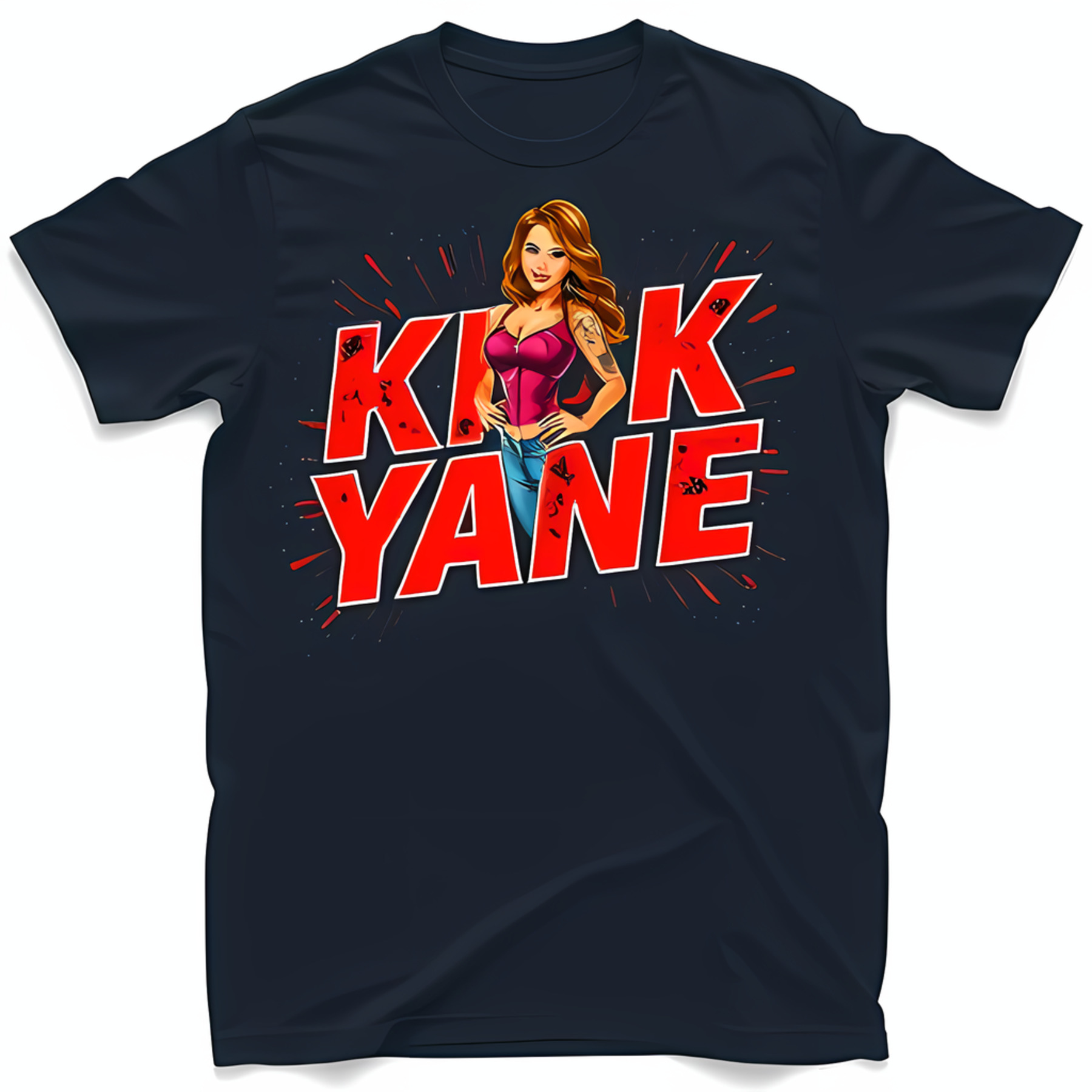 Bold Graphic Black TShirt Featuring Red Haired Woman in Pink & 'Kick Yane' Design