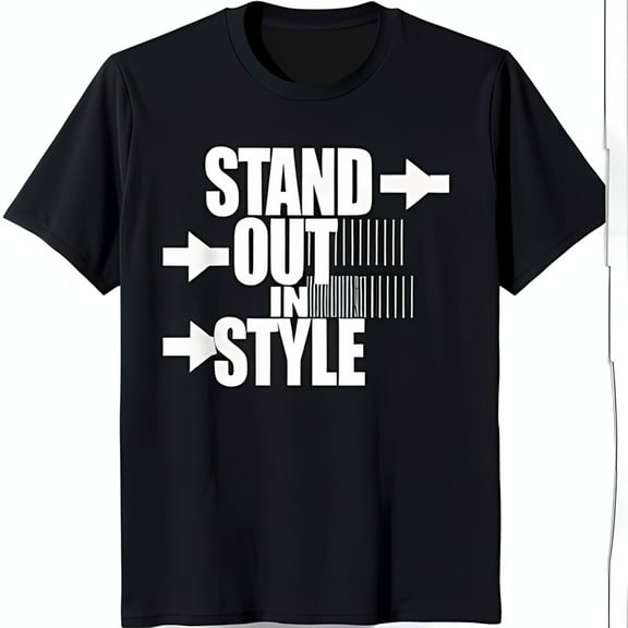 Bold Graphic Black T-Shirt 'STAND OUT IN STYLE' with Directional Arrows