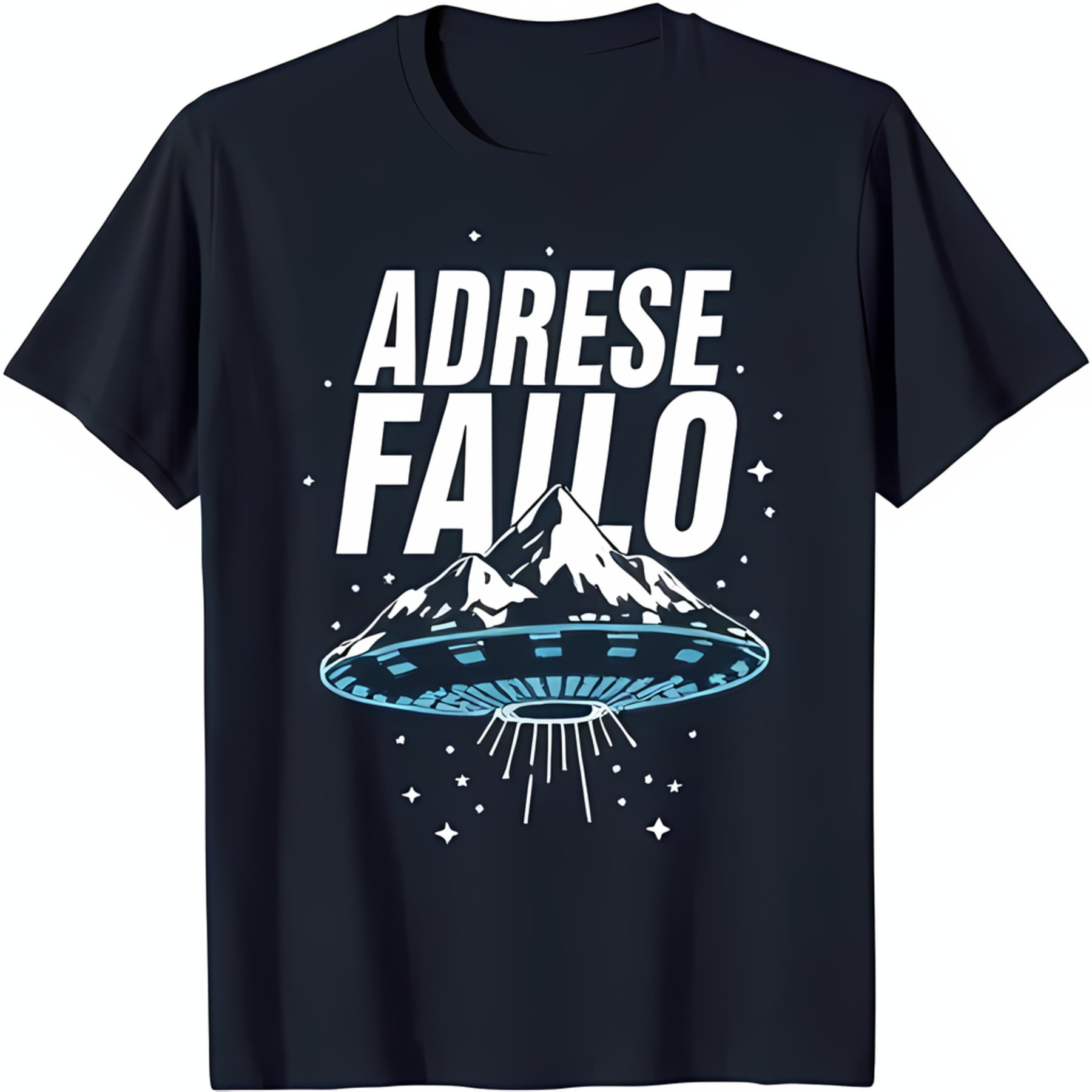 Bold Graphic Black T-Shirt with ADRESE FAILO and Flying Saucer Design ...