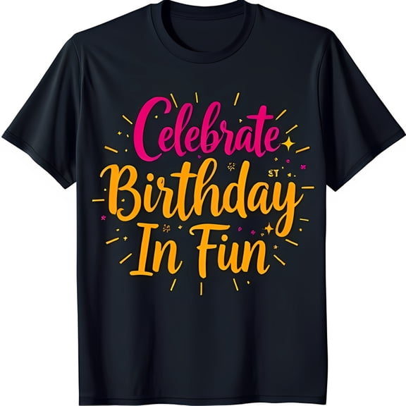 Bold Graphic Black T-Shirt with Fun Birthday Celebration Design & Stars