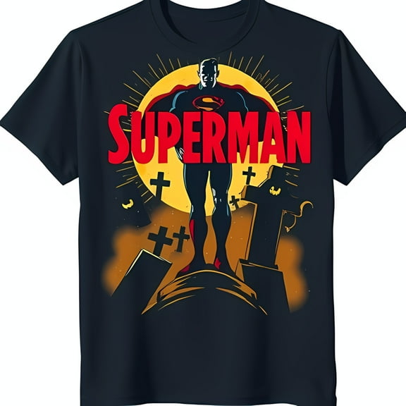 Bold Graphic T-Shirt Dark Blue Background with Red Text & Moonlit Graveyard Design