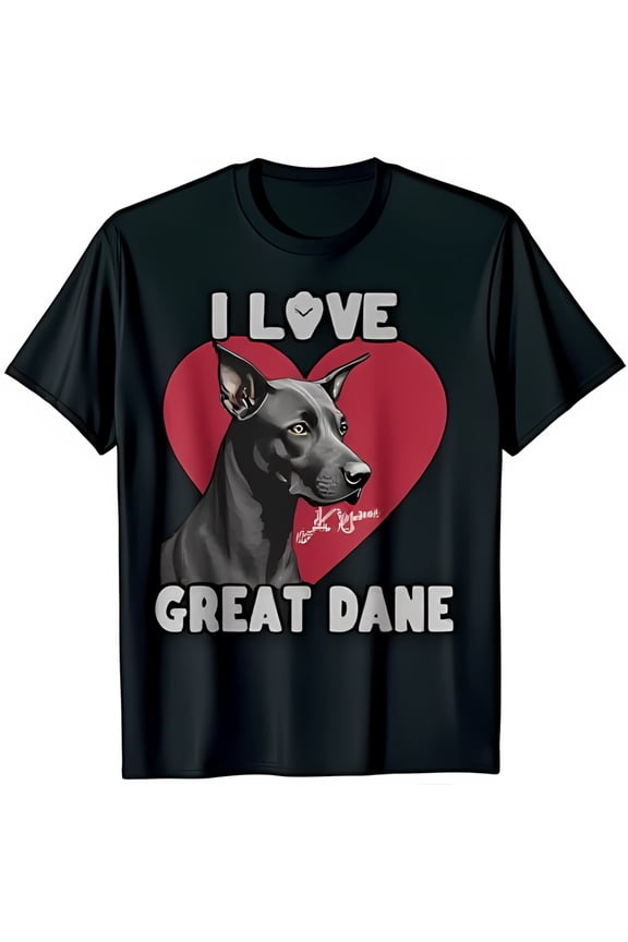 Bold Great Dane Heart Graphic Black T-Shirt I Love Great Dane Design