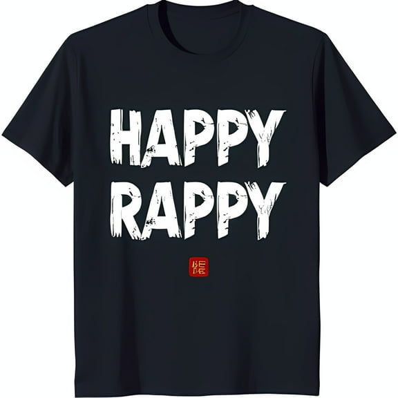 Bold 'HAPPY RAPPY' Graphic on Dark Blue T-Shirt with Red Square