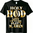 Bold 'HOLY HOOD' design on black tee Lots of H Timer Pray With Me Don't