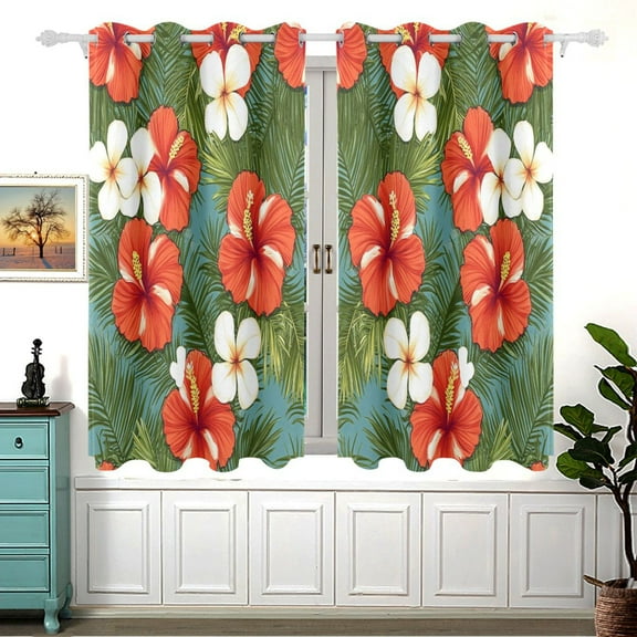 Bold Hibiscus and White Flowers Blackout Curtains for Living Room Bedroom 55W x 54L Insulated Window Drapes 2 Panels