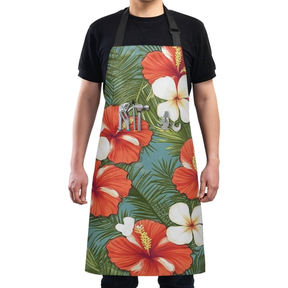 Bold Hibiscus and White Flowers Chef Kitchen Apron with Pockets for Women Waterproof Aprons for Cooking Baking