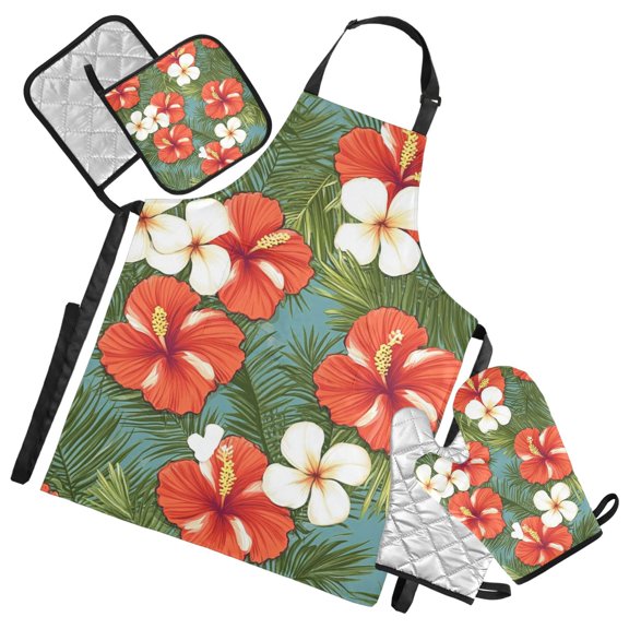 Bold Hibiscus and White Flowers Oven Mitts and Pot Holders with Chef Apron Set 5 Pcs Kitchen Cooking Set