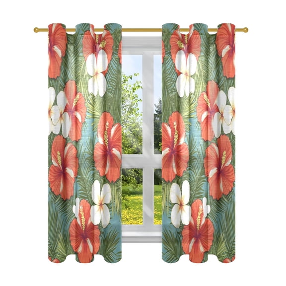 Bold Hibiscus and White Flowers Semi Sheer Curtains for Living Room Bedroom Set of 2 Insulated Window Drapes