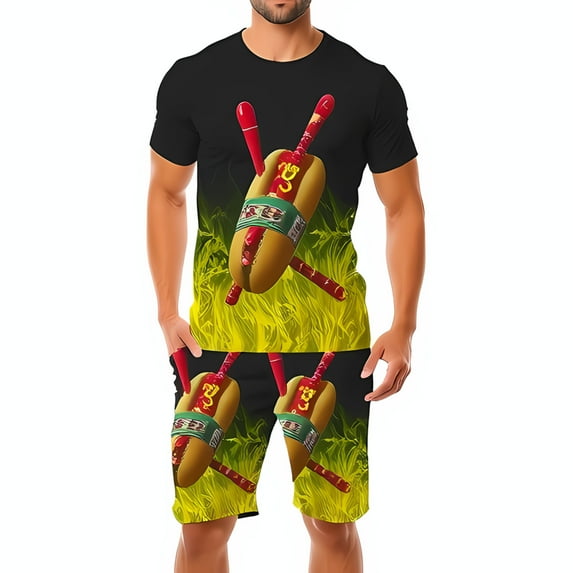 Bold Hot Dog Graphic T-Shirt and Shorts Set - Yellow Flame Design Fun and Playful Summer Outfit