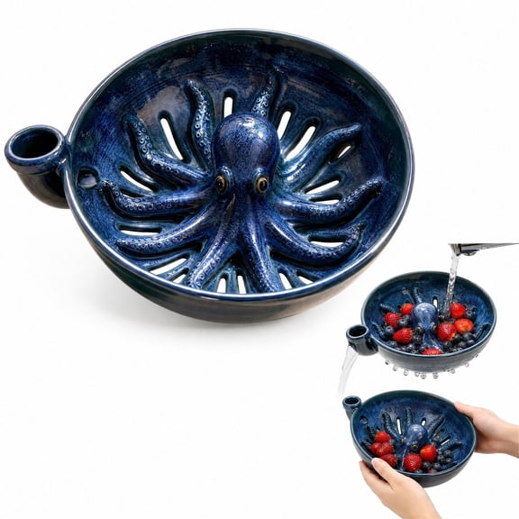 Bold Indigo Octopus Berry Colander, 7.8 Inch Ceramic Berry Bowl with Drainage Slots and Side Handle, Fruit Strainer and Produce Washer for Berries, Fruits and Vegetables, Kitchen Serving Bowl
