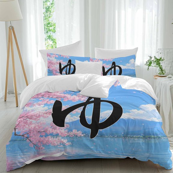 Bold Ink Script California King Duvet Cover Set, Japandi Blue Sky Mount Fuji Cherry Tree Landscape 4 Piece Microfiber Bedding Set with Zipper Closure, Bed Sheet and 2 Pillow Shams, Soft Bedding Cover