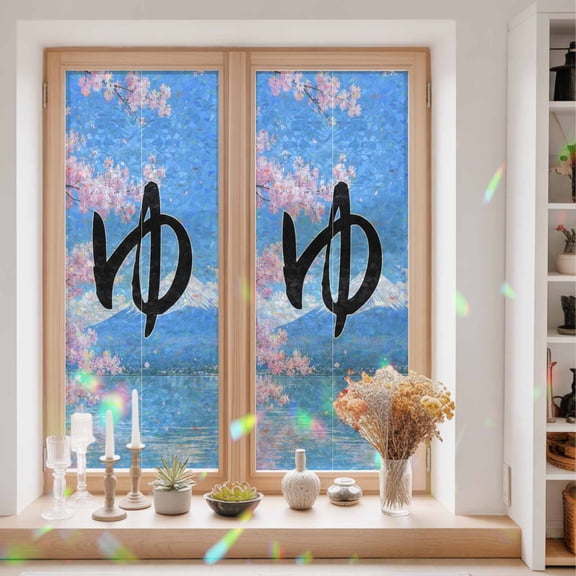 Bold Ink Script Window Privacy Film Japandi Blue Sky Mount Fuji Cherry Tree Landscape Static Cling Stained Glass Window Film Non-Adhesive Decorative Decals Rainbow Sticker 23.6"X59"