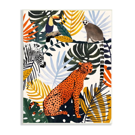 Bold Jungle Animal Collage Vibrant Palm Leaf Shapes 13 in x 19 in Framed Painting Art Print, by Stupell Home Décor