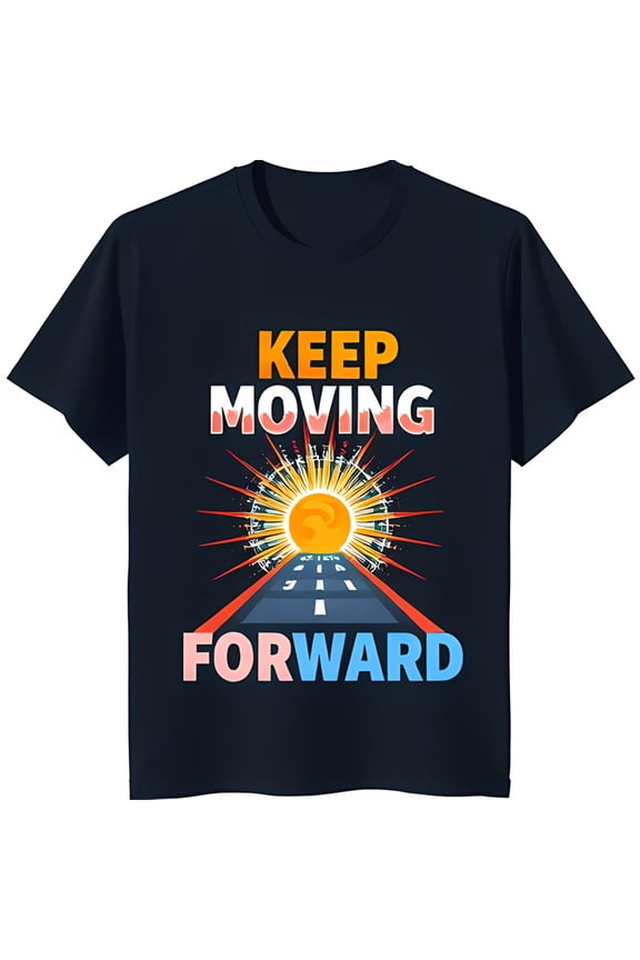 Bold 'Keep Moving Forward' Graphic on Black T-Shirt with Sun Design
