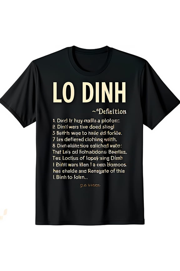 Bold LO DINH Graphic Black T-Shirt with Vintage Dictionary Style Design