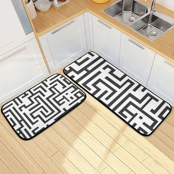 Bold Lines Maze Kitchen Mats Non Slip Standing Desk Mat Runner Rug Washable Kitchen Rugs for Floor 2PCS