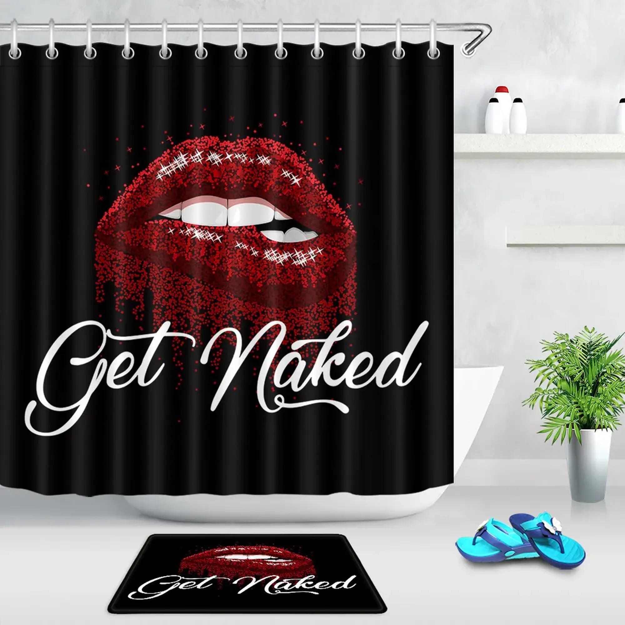 Bold Lips, Witty Quips: Black Waterproof Shower Curtain with Sexy Red