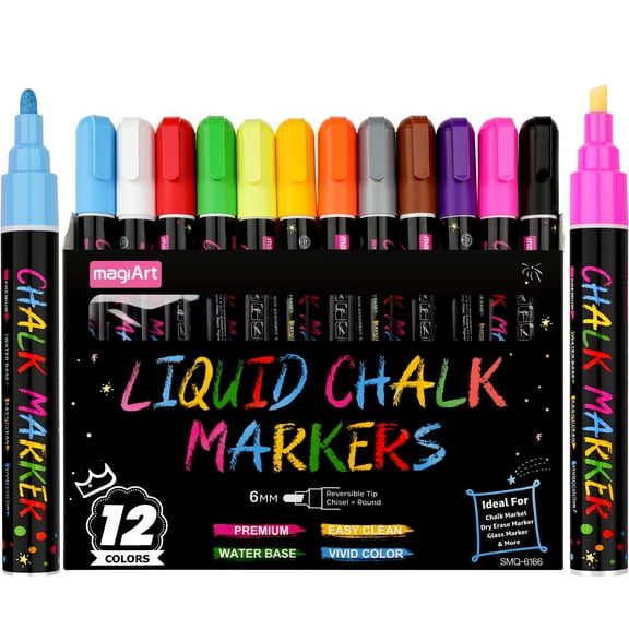 Bold Liquid Chalk Markers - Dry Erase Marker Pens for Chalkboards, Signs, Windows, Blackboard, Glass, Mirrors - Chalkboard Markers with Reversible Tip (12 Pack) - (Multicolored, 6mm)