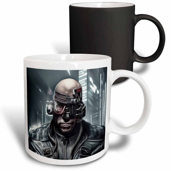 3drose, Bold Man Cyberpunk Cyborg. Head Gadgets, Leather Jacket, Night City, 11oz Magic Transforming Mug