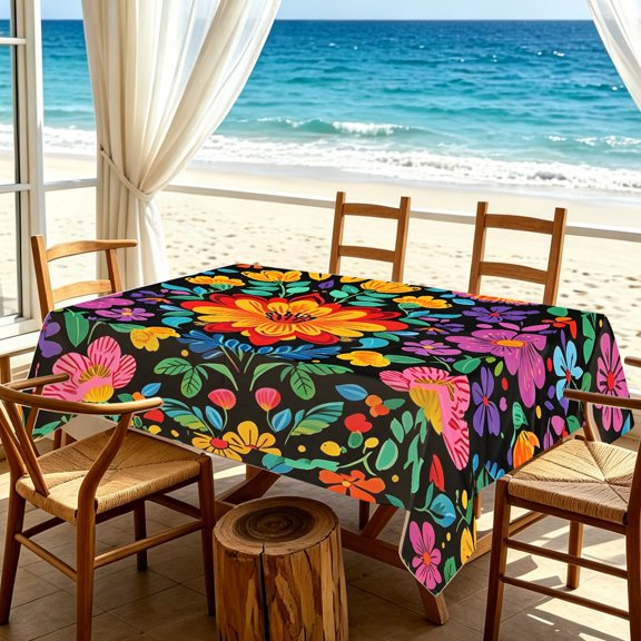 Bold Mexican Large Flower Graffiti Rectangular Tablecloth, Bright Multicolor Floral Cover for Kitchen Patio Outdoor Fiesta, Cinco de Mayo Dining Table Decor, Birthday Gift
