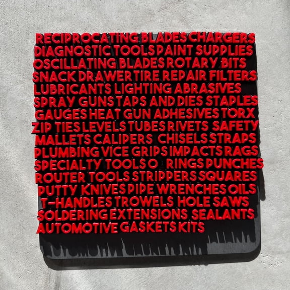 Toolbox Emblems - Bold Mini Toolbox Label Expansion 1 Set - 50pcs - Economy - Red on Black - Magnet Mounting