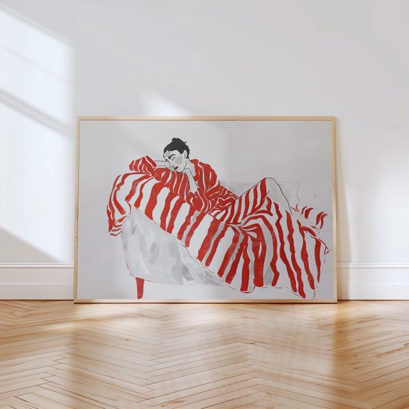 Bold Modern Striking Line Drawing Painting Of Woman In Red Striped Outfit Print Contemporary Artwork UNFRAMED