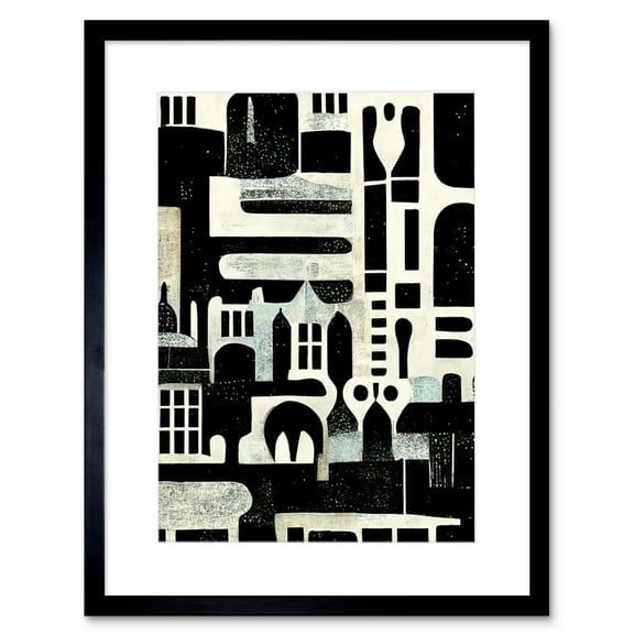 Bold Monochrome Modern Vintage Abstract Geometric Black White Cream Grey Artwork Framed Wall Art Print 9X7 Inch