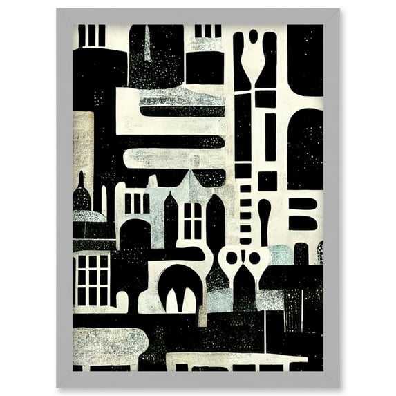 Bold Monochrome Modern Vintage Abstract Geometric Black White Cream Grey Artwork Framed Wall Art Print A4