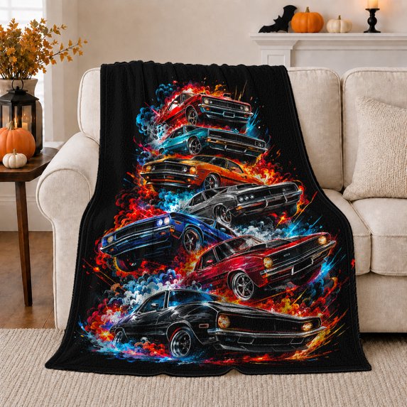 Bold Muscle Cars Rising Flames, Cozy Friendship Quote Scene, Warm Flannel Blanket for Living Room and Reading Nook, Art Lovers Friendship Gift, Artistic Home Decor