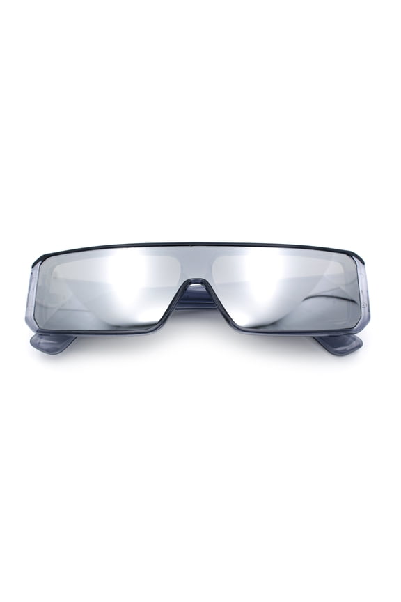 Bold Narrow Rectangle Shield Inset Lens 80s Robotic Plastic Sunglasses Slate - Silver Mirror