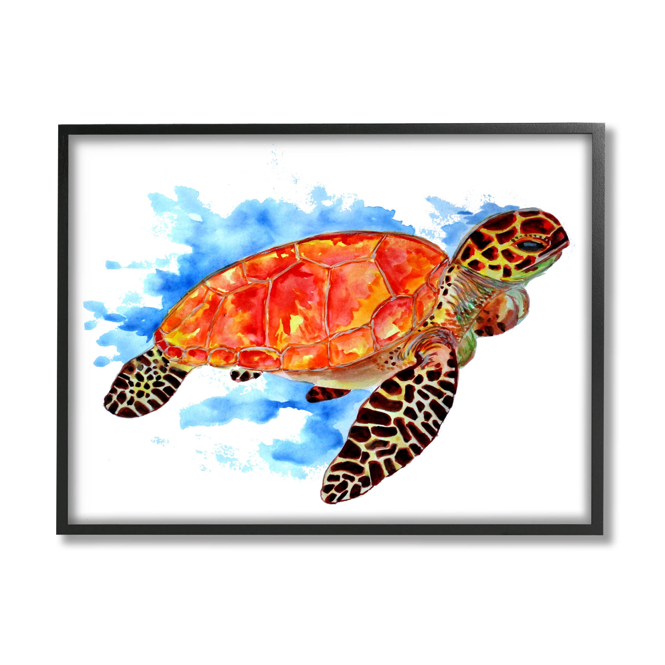 Bold Orange Nautical Turtle Black Framed Wood Grain Wall Art