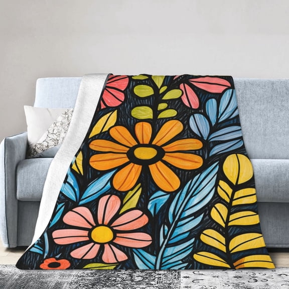Bold Outline Doodle Floral Blanket Soft Cozy Hand-drawn Retro Playful Bed Couch Throw Blanket50x40
