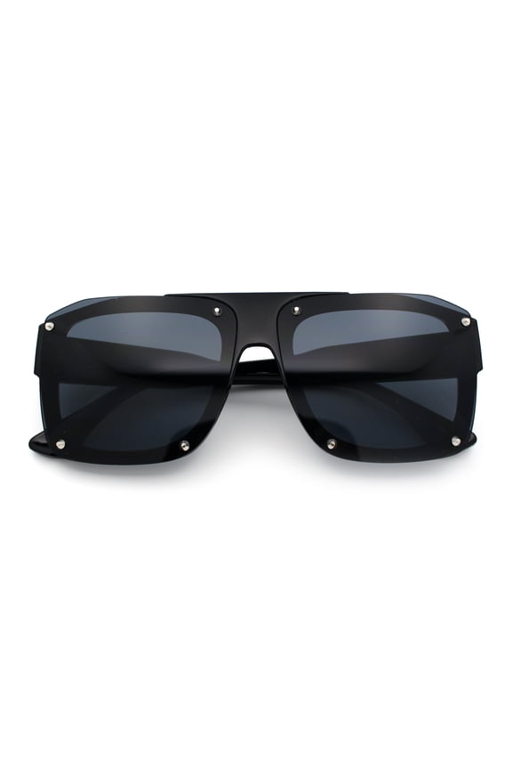 Bold Oversized Metal Thorn Stud Rectangular Plastic Mobster Sunglasses Blue - Black