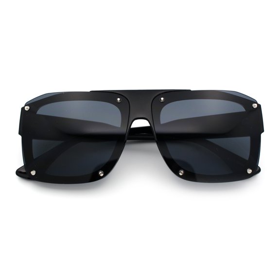 Bold Oversized Metal Thorn Stud Rectangular Plastic Mobster Sunglasses Blue - Black