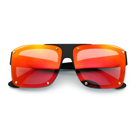 Bold Oversized Metal Thorn Stud Rectangular Plastic Mobster Sunglasses Matte Black - Fuchsia Mirror