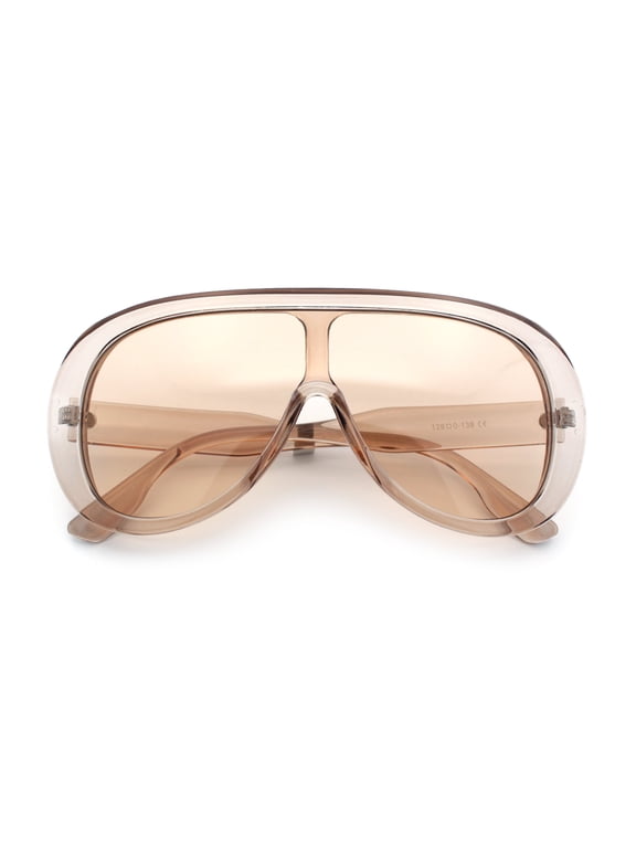 Bold Oversized Shield Thick Plastic Retro Racer Fashion Sunglasses All Beige