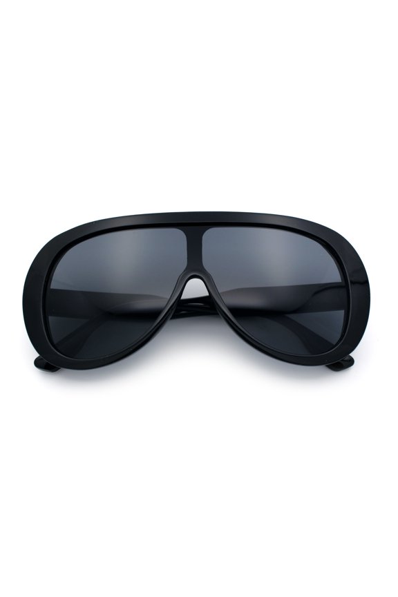 Bold Oversized Shield Thick Plastic Retro Racer Fashion Sunglasses All Black