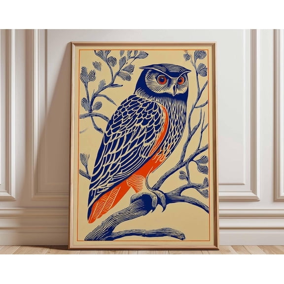 Bold Owl Navy And Orange Graphic Owl Wall Art Print, Unframed Paper Poster 8x10in