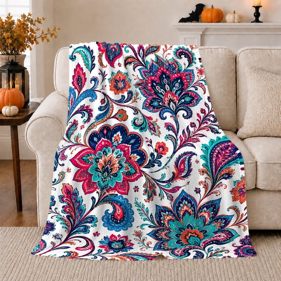 Bold Paisley Blossoms with Teal Leaves, Energetic Boho Style for Pattern Lovers, Folk Floral Scrolls and Birthday Gift, Cozy Flannel Blanket for Bedroom and Reading Nook, Home Decor