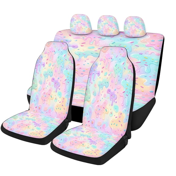 Bold Pastel Rainbow Marble Car Seat Covers Full Set, Universal Auto Seat Covers with Front Seat Covers, Rear Bench Cover and Headrest Covers for Cars SUVs Trucks Vans