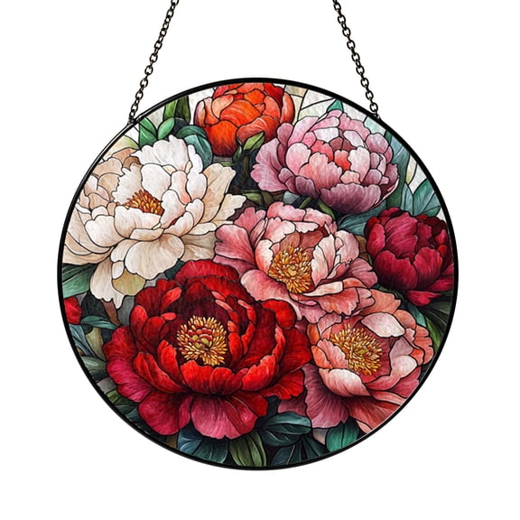 Bold Peony Stained Glass Panel for Windows, Elegant Red Pink Floral Artwork, Timeless Botanical Home Decor Accent
