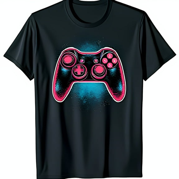 Bold Pink Controller Graphic on Soft Black T-Shirt