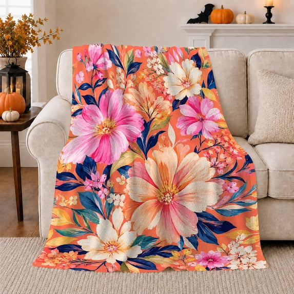 Bold Pink and Cream Flowers on Coral, Cheerful Botanical Style for Flower Lovers, Tropical Garden Pattern and Birthday Gift, Soft Flannel Blanket for Family Room, Home Decor